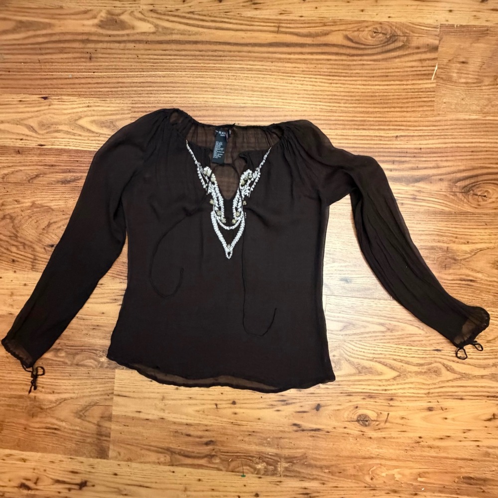 Rampage Brown 100% Silk Beaded V-Neck Sheer Boho Peasant Blouse XL 2P3AV28